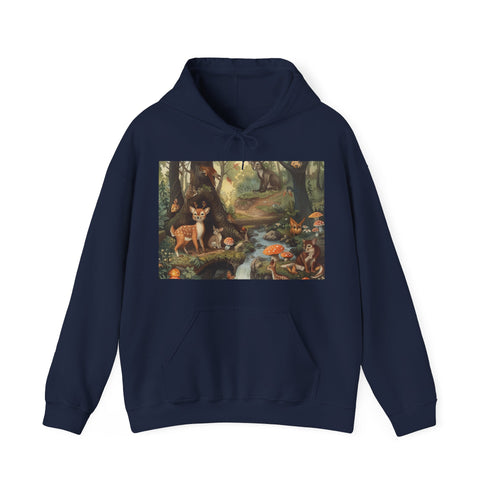 Enchanting forest scene hoodie in navy, size small, for adventurers.
