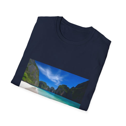 Charcoal cotton crew neck T-shirt featuring tranquil tropical paradise design