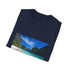 Charcoal cotton crew neck T-shirt featuring tranquil tropical paradise design