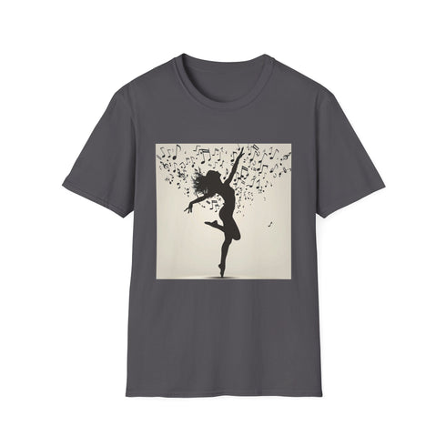 Dancer silhouette T-shirt in Charcoal, DTG printed harmony theme.