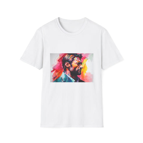 Charcoal cotton crew neck T-shirt featuring vibrant watercolor and neon design