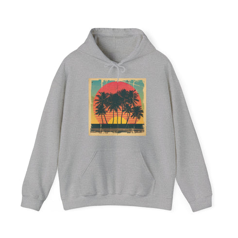 Tropical Paradise Retro Hoodie in Navy, Size S. Sunset Serenade design.