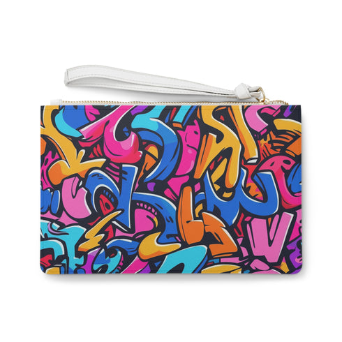 Neon graffiti urban clutch bag, vibrant colors, made in USA vegan.