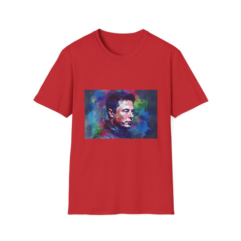 Vibrant charcoal Elon Musk t-shirt with watercolor neon design cotton crew neck