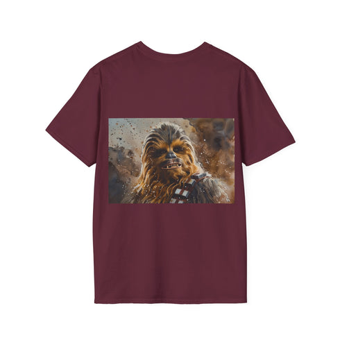 Watercolor Chewbacca tee in charcoal crew neck cotton with bold Star Wars design