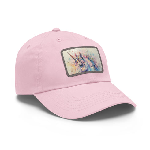 Mystical watercolor unicorn cotton baseball cap, white with light brown patch.