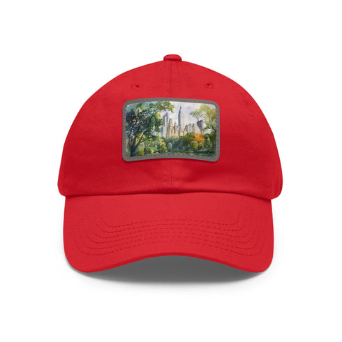 Central Park watercolor skyline baseball cap with white/light brown rectangle patch.