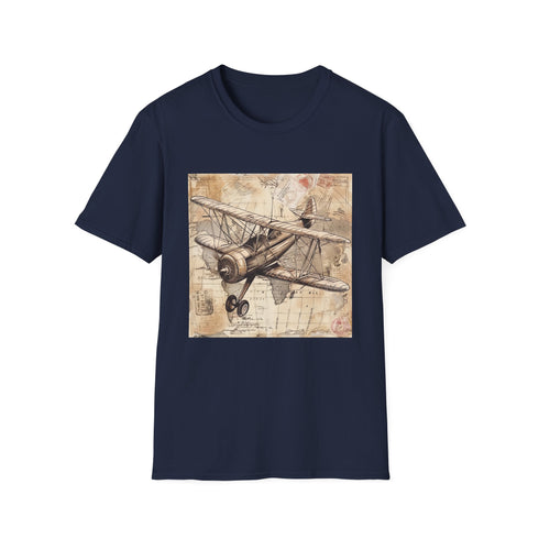 Charcoal cotton t-shirt with vintage airplane illustration and travel stamps