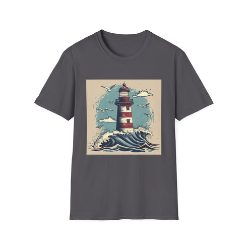 Hand-drawn lighthouse charcoal T-shirt showcasing intricate expressive lines in soft cotton
