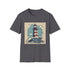 Hand-drawn lighthouse charcoal T-shirt showcasing intricate expressive lines in soft cotton