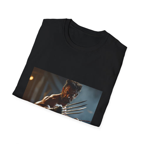 Charcoal cotton T-shirt with dynamic Wolverine watercolor design featuring claw marks