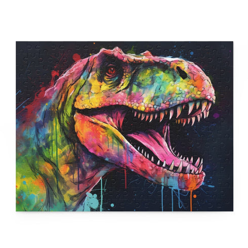 Vibrant neon T-Rex watercolor jigsaw puzzle, challenging and fun.