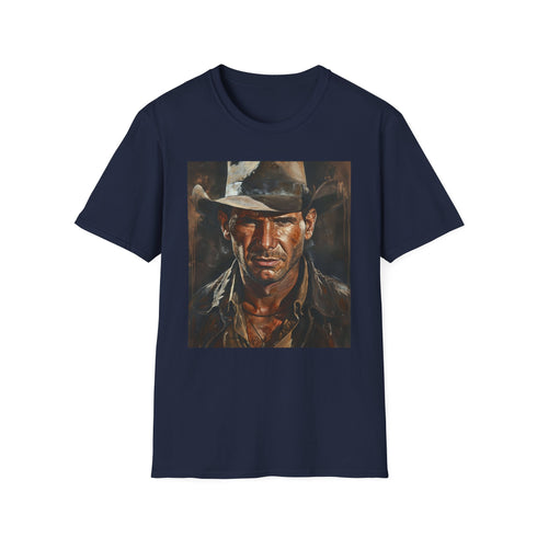 Charcoal cotton T-shirt featuring vibrant Indiana Jones painting and crew neck design