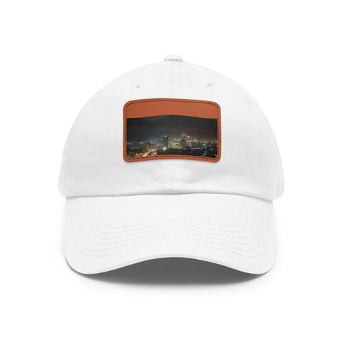 Stylish Lagos night skyline baseball cap in white with light brown patch