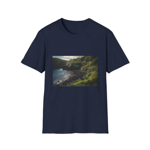 Charcoal cotton T-shirt featuring vibrant Maui landscapes with crew neck design