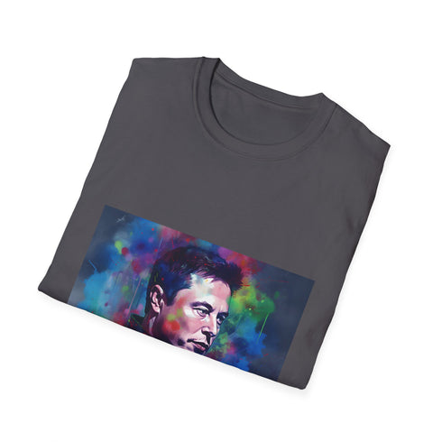 Charcoal crew neck T-shirt with vibrant watercolor neon Elon Musk graphic