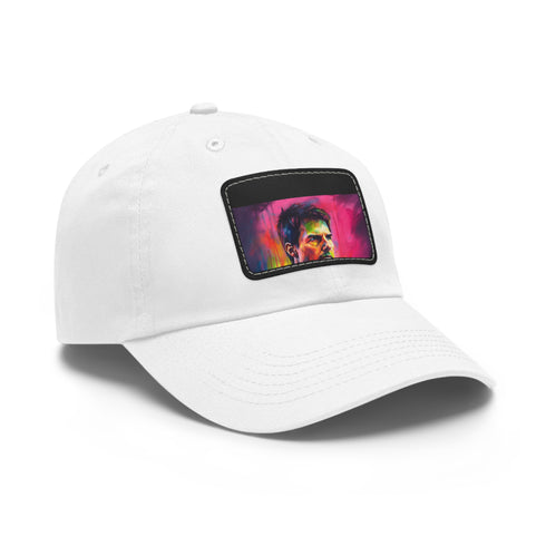 Neon colored watercolor baseball cap with light brown rectangle patch.