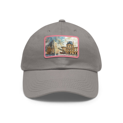 Louvre Paris Watercolor white cotton baseball cap with light brown patch.