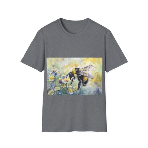 Buzzing bumblebee watercolor tee in charcoal, size small.