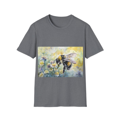 Charcoal cotton tee with vibrant bumblebee watercolor design regular fit