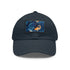 Gleaming goldfish adventure baseball cap, orange koi design, white patch, rectangle shape.