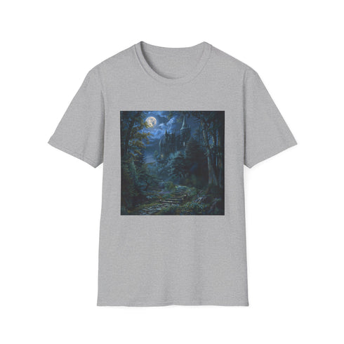 Charcoal crew neck cotton t-shirt with moonlit castle forest design