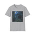 Charcoal crew neck cotton t-shirt with moonlit castle forest design