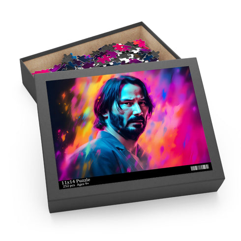 Vibrant Keanu Reeves puzzle with watercolor neon hues capturing enigmatic charm.