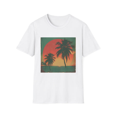 Retro sunset palm tree t-shirt in charcoal cotton, summer style.