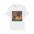 Retro sunset palm tree t-shirt in charcoal cotton, summer style.