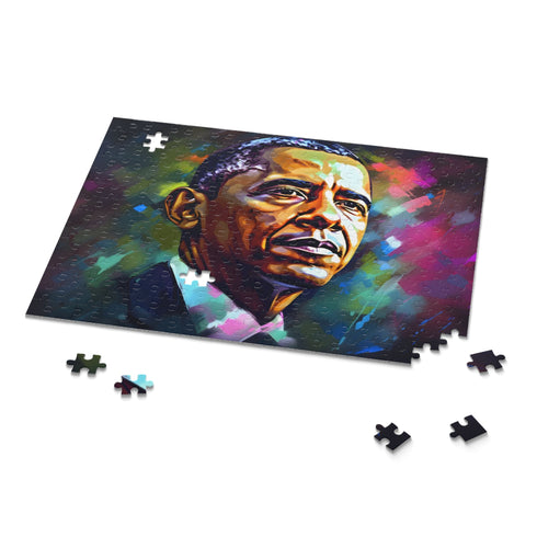 Vibrant Barack Obama neon watercolor jigsaw puzzle, 10" x 8" size.