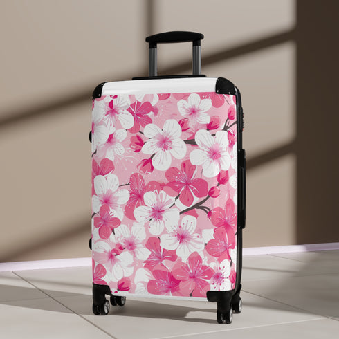 Cherry Blossom Bliss Suitcase: Small Black Travel Bag with Pink and White Pattern