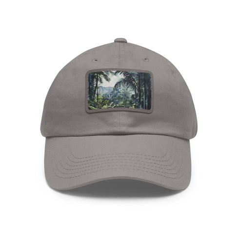 White unisex cotton hat with light brown patch, Congo Rainforest Watercolor design
