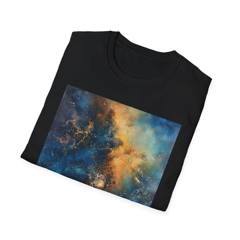 Charcoal cosmic galaxy painting T-shirt with vibrant celestial design in cotton