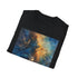 Charcoal cosmic galaxy painting T-shirt with vibrant celestial design in cotton