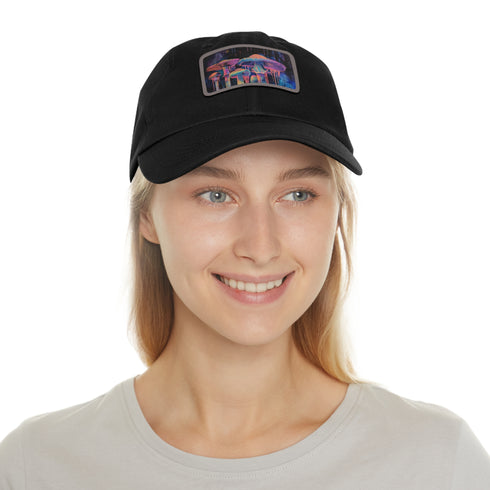 Vibrant unisex cotton hat with psychedelic mushrooms on light brown patch.