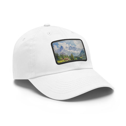 Swiss Alps watercolor cap in white with light brown rectangle patch.