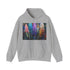 Bohemian navy hoodie with vibrant feather design for adventurous souls.