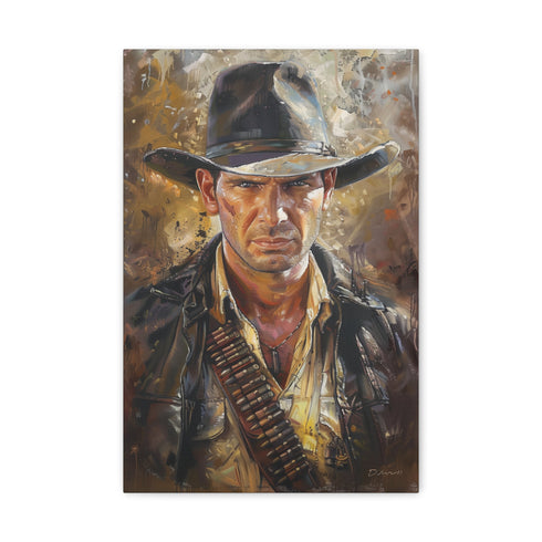 Thrilling Indiana Jones canvas features dynamic brushstrokes & captivating adventure scene.