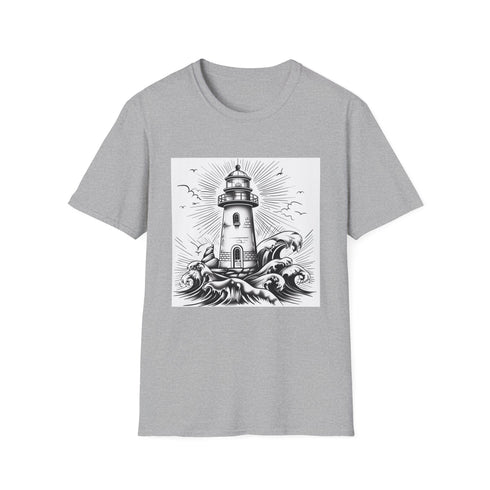 Charcoal cotton t-shirt with hand-drawn lighthouse illustration and crew neck