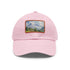 White cotton hat with Swiss Alps watercolor patch, rectangular shape.