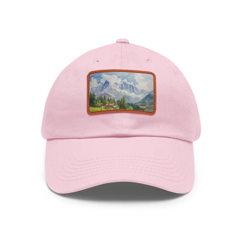 Swiss Alps watercolor baseball cap in white with light brown patch.