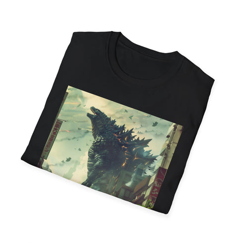 Godzilla's radioactive rampage charcoal t-shirt with vibrant atomic breath design.