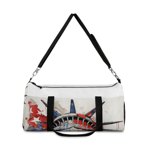 Colorful American flag duffel with unique line drawing splash design.