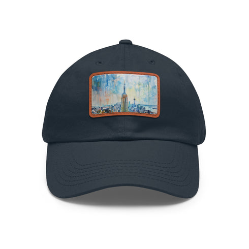 Empire Skyline Splendor Cap: White cotton hat with rectangle watercolor design.