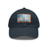Empire Skyline Splendor Cap: White cotton hat with rectangle watercolor design.