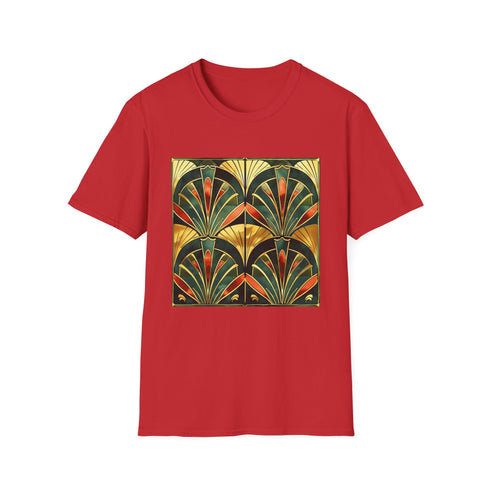 Charcoal t-shirt with abstract art deco patterns in vibrant geometric shapes