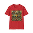 Charcoal t-shirt with abstract art deco patterns in vibrant geometric shapes