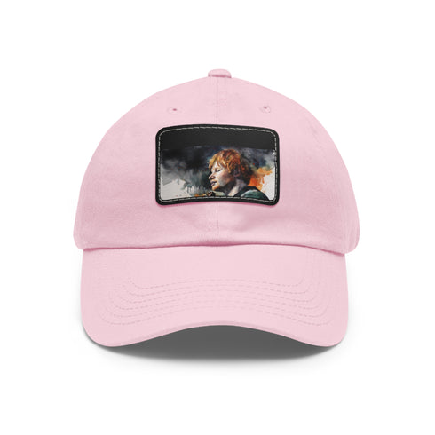 Ed Sheeran watercolor splatter baseball cap, white with light brown patch.