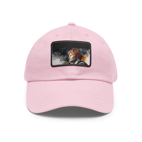 Ed Sheeran watercolor splatter baseball cap in white/light brown rectangle design.
